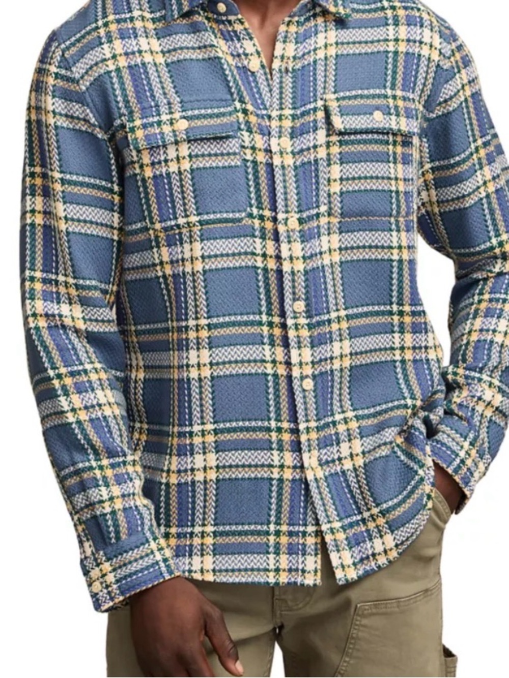 Lucky Brand Navy Blue Plaid Button-Down Shirt with Yellow Accents
